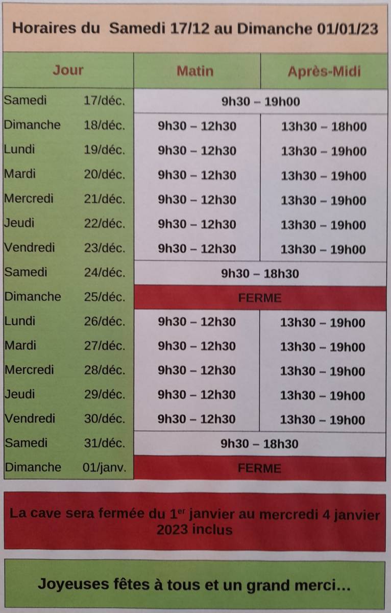 Nos horaires d'ouverture de la Cave pendant les Fêtes de fin d'année